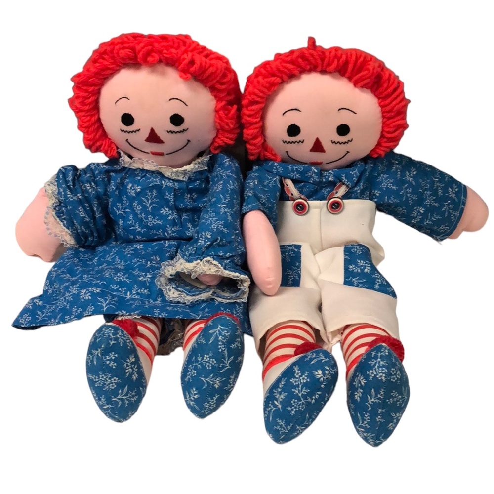 Vintage handmade Raggedy Ann and Andy Plush 18" Dolls Cloth Rag girl boy